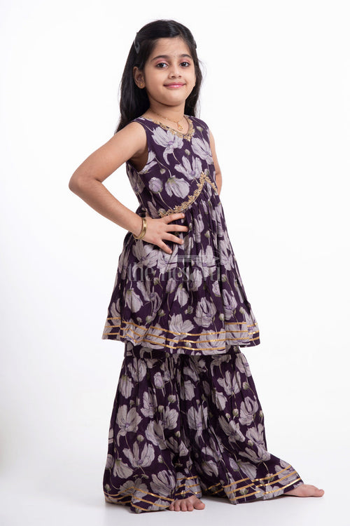 The Nesavu Girls Sharara / Plazo Set Nesavu Modal Silk Printed Sleeveless Sharara Set for Girls Navratri Festive Wear Nesavu Nesavu Modal Silk Sleeveless Sharara Set for Girls | Navratri Festive Wear