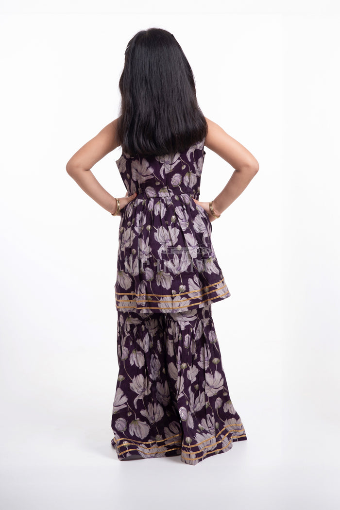 The Nesavu Girls Sharara / Plazo Set Nesavu Modal Silk Printed Sleeveless Sharara Set for Girls Navratri Festive Wear Nesavu Nesavu Modal Silk Sleeveless Sharara Set for Girls | Navratri Festive Wear