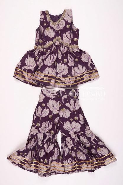 The Nesavu Girls Sharara / Plazo Set Nesavu Modal Silk Printed Sleeveless Sharara Set for Girls Navratri Festive Wear Nesavu 16 (1Y) / Purple GPS308A-16 Nesavu Modal Silk Sleeveless Sharara Set for Girls | Navratri Festive Wear