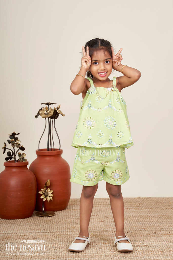 The Nesavu Baby Casual Sets New Born Dresses Green Hakoba Embroidered Baby Top and Shorts Set with Floral Cutwork Design Nesavu Nesavu New Born Dresses Green Hakoba Baby Outfit Embroidered Floral Cutwork Top Shorts