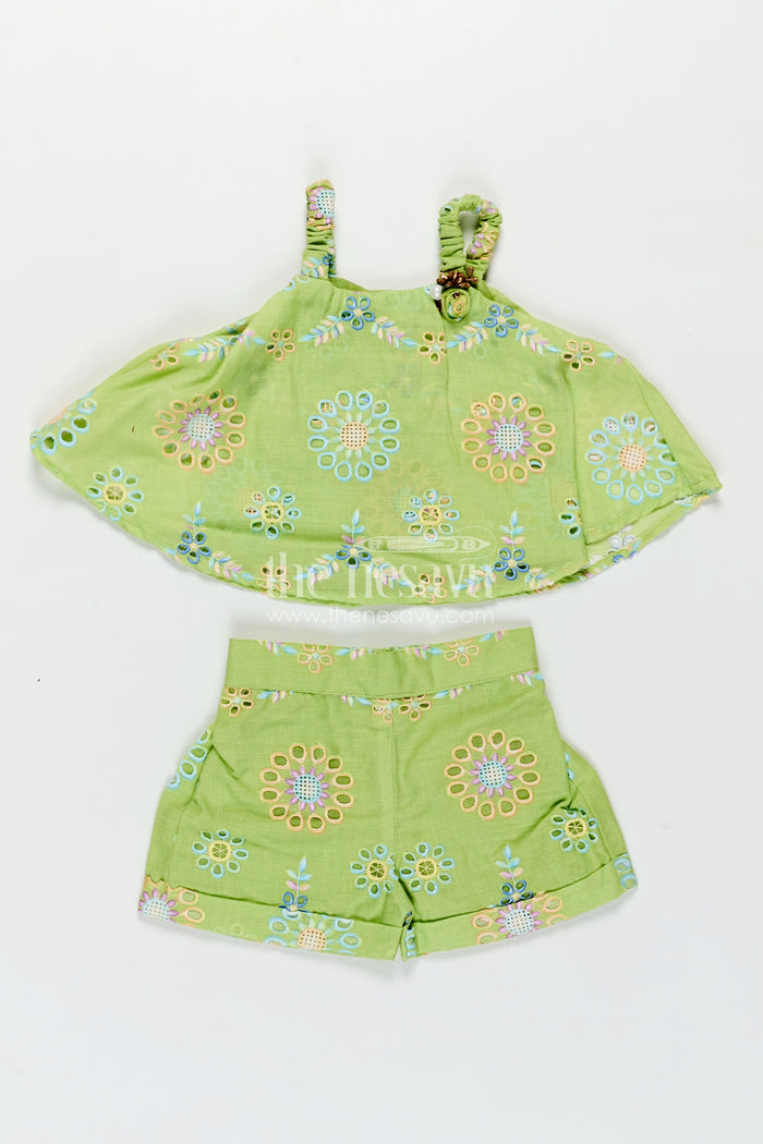 The Nesavu Baby Casual Sets New Born Dresses Green Hakoba Embroidered Baby Top and Shorts Set with Floral Cutwork Design Nesavu Nesavu New Born Dresses Green Hakoba Baby Outfit Embroidered Floral Cutwork Top Shorts