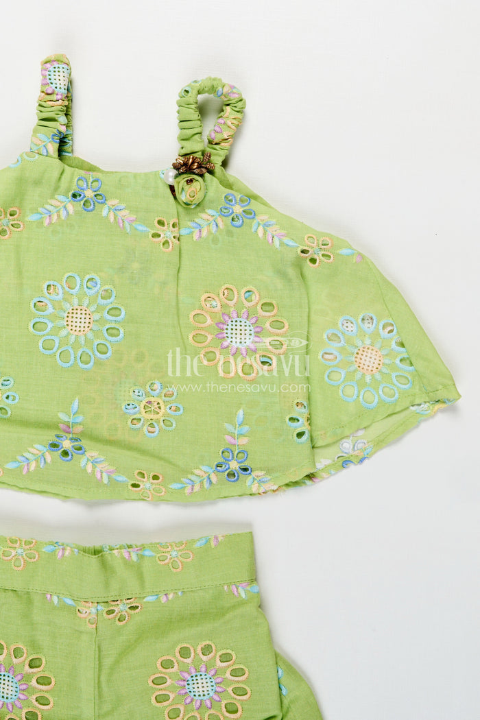 The Nesavu Baby Casual Sets New Born Dresses Green Hakoba Embroidered Baby Top and Shorts Set with Floral Cutwork Design Nesavu Nesavu New Born Dresses Green Hakoba Baby Outfit Embroidered Floral Cutwork Top Shorts