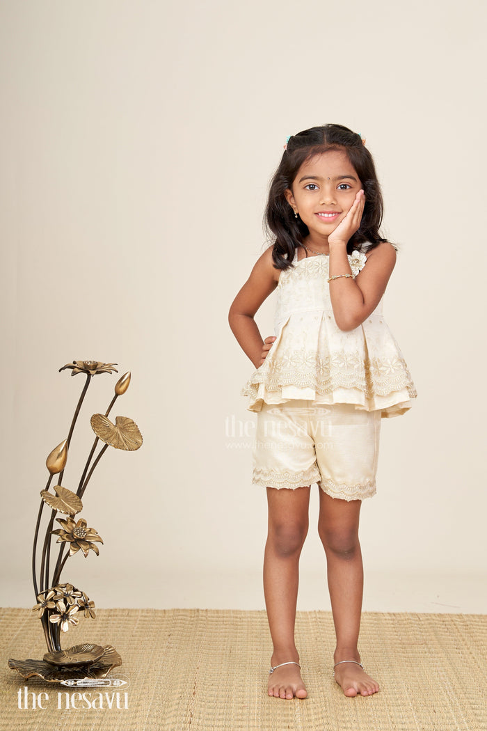 The Nesavu Baby Casual Sets Newborn Dresses Beige Baby Casual Set with Embroidered Soft Net Yoke and Matching Shorts and Headband Nesavu Nesavu Newborn Dresses Three-Piece Beige Baby Set Embroidered Net Top Shorts Matching Headband