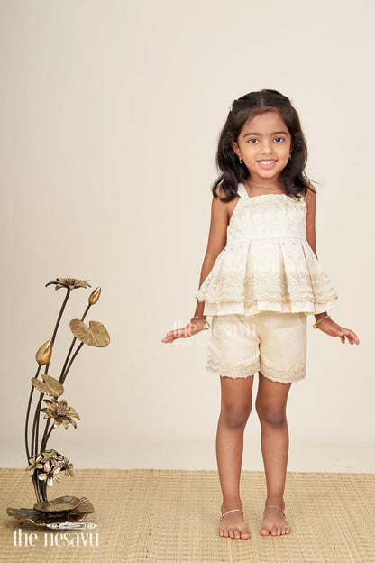 The Nesavu Baby Casual Sets Newborn Dresses Beige Baby Casual Set with Embroidered Soft Net Yoke and Matching Shorts and Headband Nesavu Nesavu Newborn Dresses Three-Piece Beige Baby Set Embroidered Net Top Shorts Matching Headband