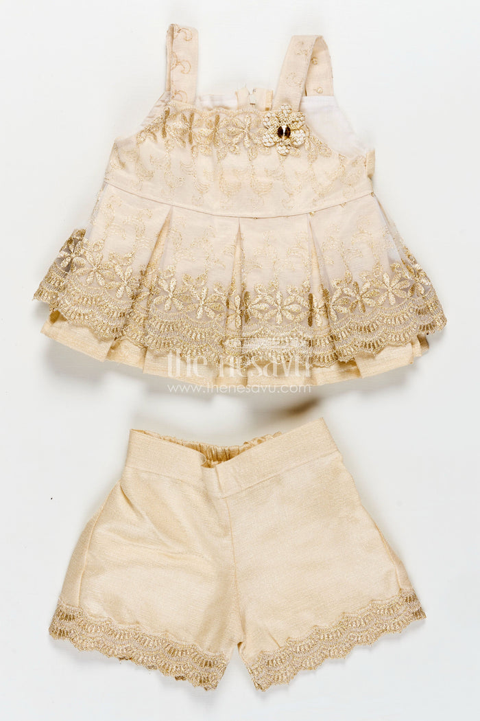 The Nesavu Baby Casual Sets Newborn Dresses Beige Baby Casual Set with Embroidered Soft Net Yoke and Matching Shorts and Headband Nesavu 18 (2Y) / Cream BFJ800A-18 Nesavu Newborn Dresses Three-Piece Beige Baby Set Embroidered Net Top Shorts Matching Headband