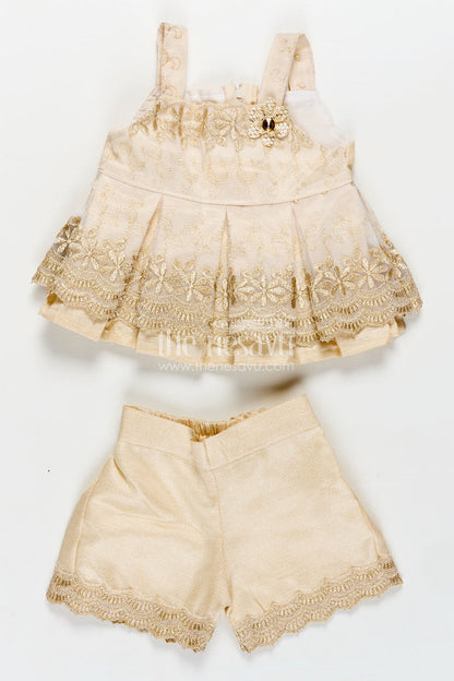 The Nesavu Baby Casual Sets Newborn Dresses Beige Baby Casual Set with Embroidered Soft Net Yoke and Matching Shorts and Headband Nesavu 18 (2Y) / Cream BFJ800A-18 Nesavu Newborn Dresses Three-Piece Beige Baby Set Embroidered Net Top Shorts Matching Headband