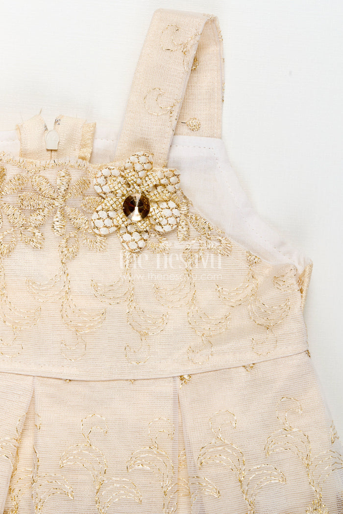 The Nesavu Baby Casual Sets Newborn Dresses Beige Baby Casual Set with Embroidered Soft Net Yoke and Matching Shorts and Headband Nesavu Nesavu Newborn Dresses Three-Piece Beige Baby Set Embroidered Net Top Shorts Matching Headband