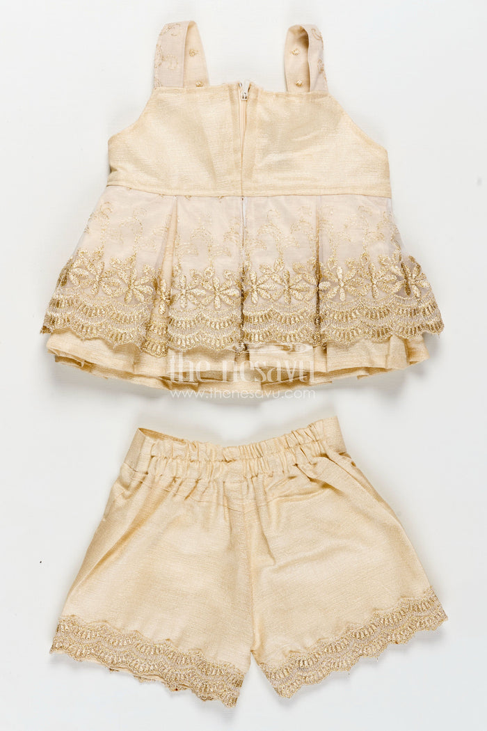 The Nesavu Baby Casual Sets Newborn Dresses Beige Baby Casual Set with Embroidered Soft Net Yoke and Matching Shorts and Headband Nesavu Nesavu Newborn Dresses Three-Piece Beige Baby Set Embroidered Net Top Shorts Matching Headband