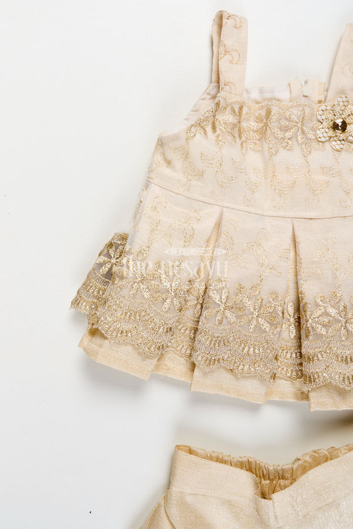 The Nesavu Baby Casual Sets Newborn Dresses Beige Baby Casual Set with Embroidered Soft Net Yoke and Matching Shorts and Headband Nesavu Nesavu Newborn Dresses Three-Piece Beige Baby Set Embroidered Net Top Shorts Matching Headband