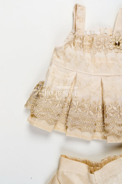 The Nesavu Baby Casual Sets Newborn Dresses Beige Baby Casual Set with Embroidered Soft Net Yoke and Matching Shorts and Headband Nesavu Nesavu Newborn Dresses Three-Piece Beige Baby Set Embroidered Net Top Shorts Matching Headband