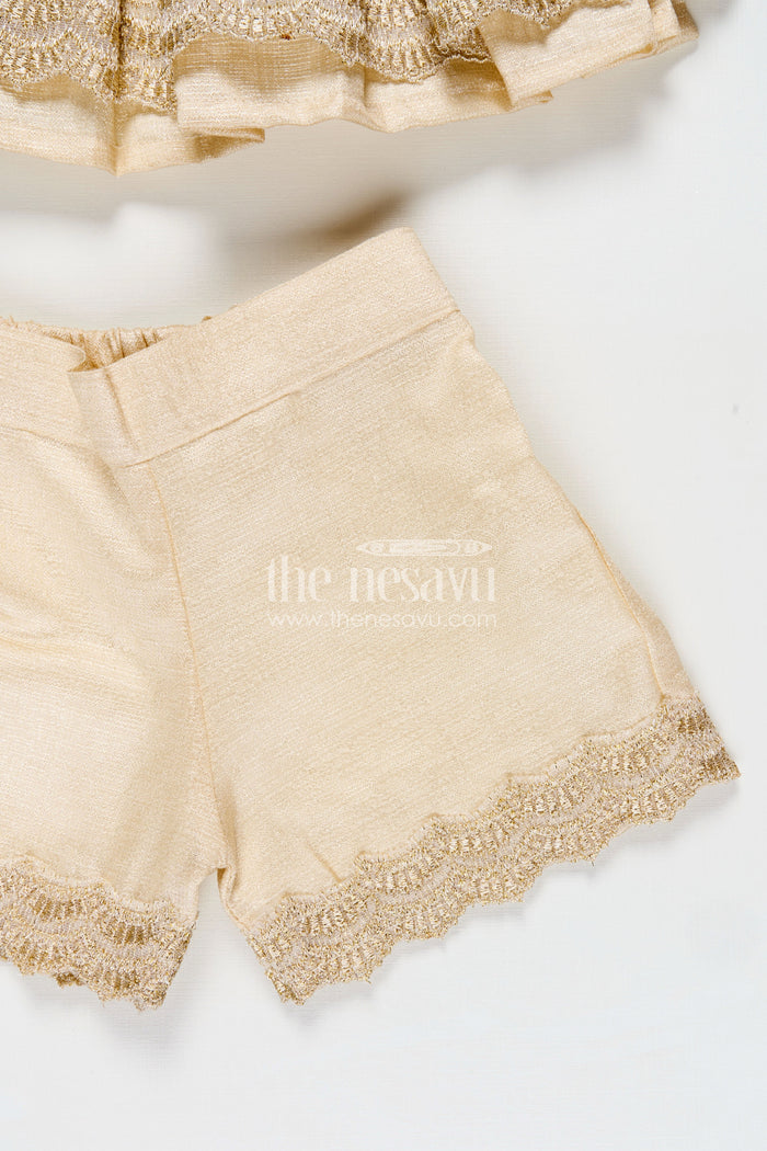 The Nesavu Baby Casual Sets Newborn Dresses Beige Baby Casual Set with Embroidered Soft Net Yoke and Matching Shorts and Headband Nesavu Nesavu Newborn Dresses Three-Piece Beige Baby Set Embroidered Net Top Shorts Matching Headband