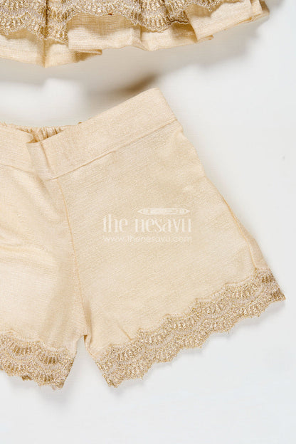The Nesavu Baby Casual Sets Newborn Dresses Beige Baby Casual Set with Embroidered Soft Net Yoke and Matching Shorts and Headband Nesavu Nesavu Newborn Dresses Three-Piece Beige Baby Set Embroidered Net Top Shorts Matching Headband