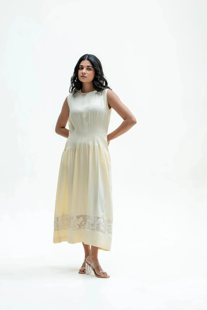 Noura Butter Yellow Tencel Openwork Dress Bloome