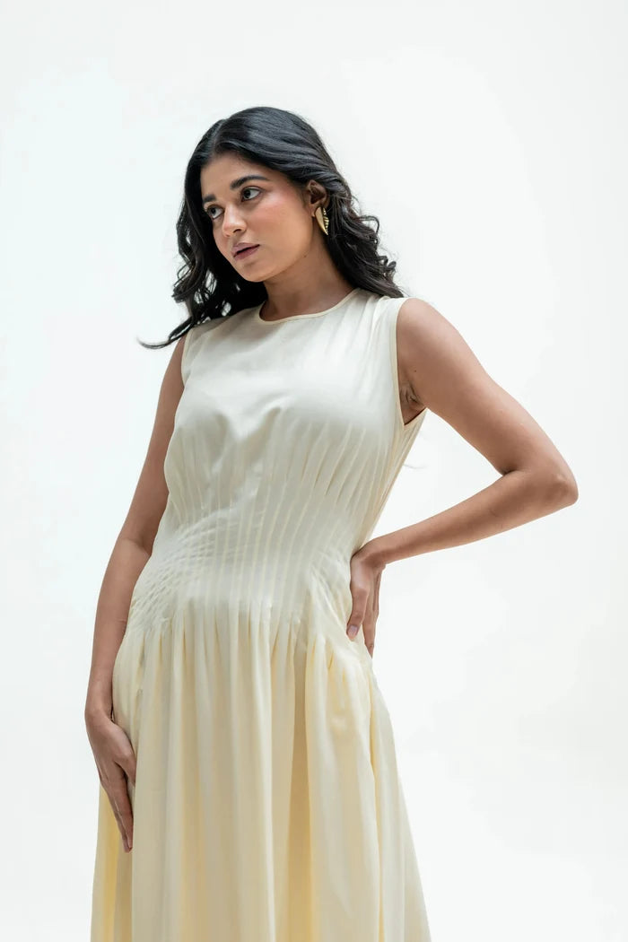 Noura Butter Yellow Tencel Openwork Dress Bloome