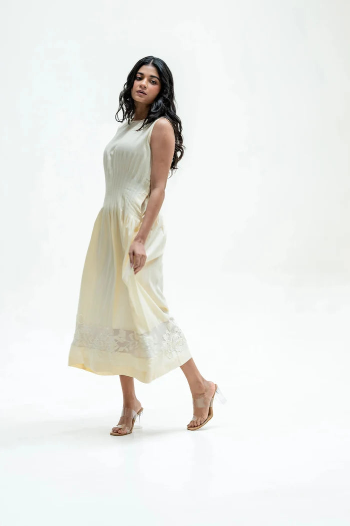 Noura Butter Yellow Tencel Openwork Dress Bloome