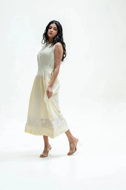 Noura Butter Yellow Tencel Openwork Dress Bloome