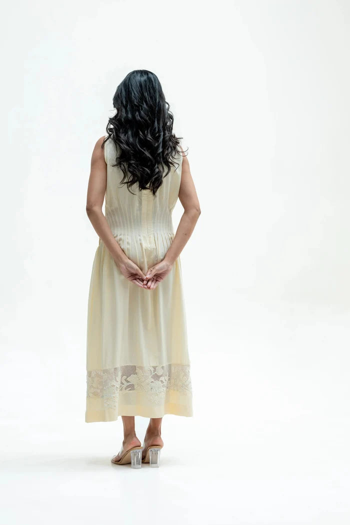 Noura Butter Yellow Tencel Openwork Dress Bloome