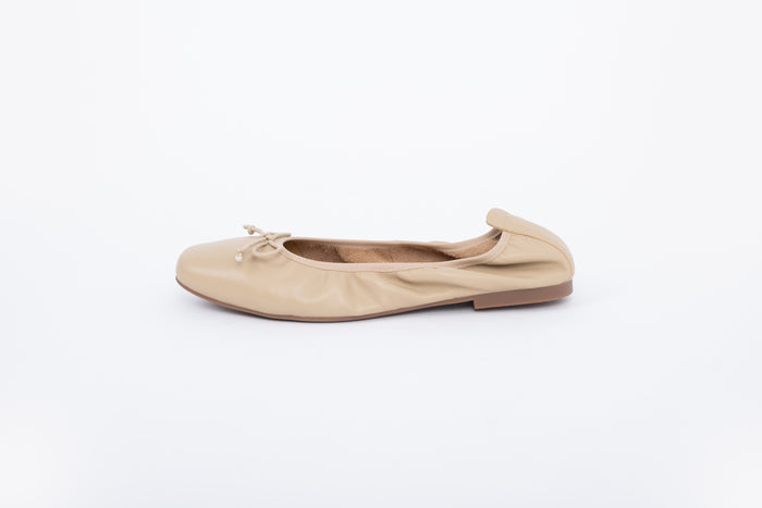 Side shot of beige elasticated ballet pump in larger sizes 8 9 10 11 12