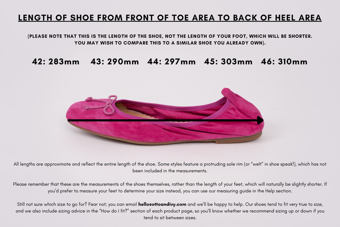 Measurement diagram displaying lengths of womens large size shoes in sizes 42,43,44,45 and 46.