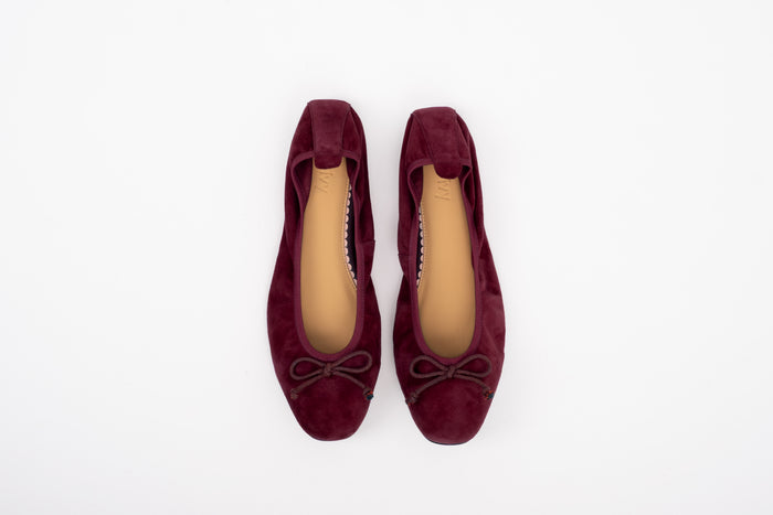 Arial shot of womens large sized burgundy purple red ballet flat shoe in sizes 42-46