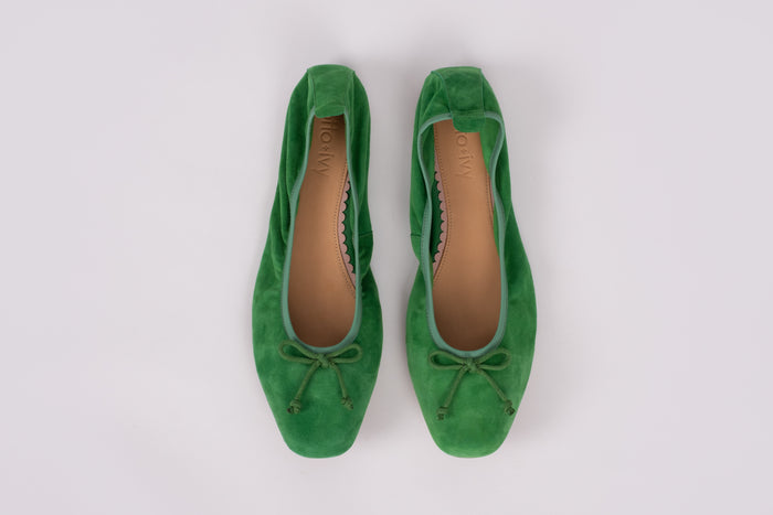 Aerial view of olvia flats in emerald green. Available in larger European womens sizes 42-46