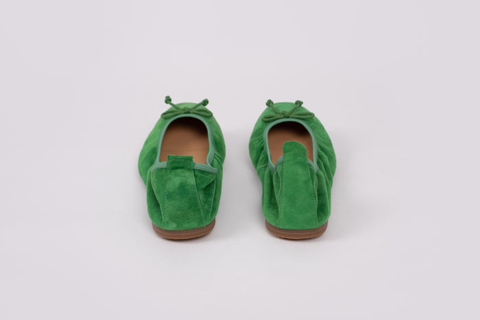 back view of womens shoe Olivia in emerald green with comfort stretch back. Available in womens larger sizes UK 8-12
