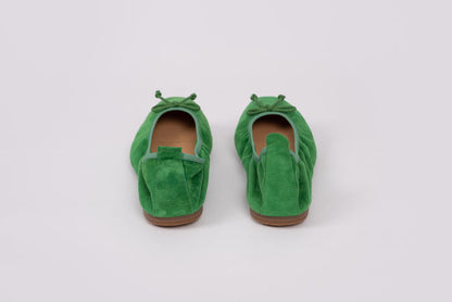 back view of womens shoe Olivia in emerald green with comfort stretch back. Available in womens larger sizes UK 8-12