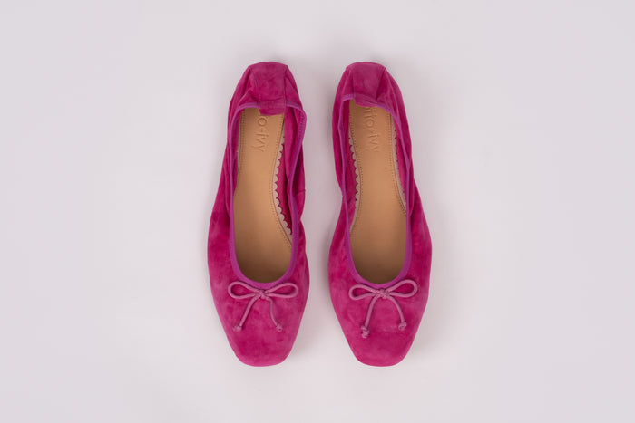 Aerial view of Olivia flat in fuchsia pink. Womens elasticated shoe in larger Europen sizes 42-46