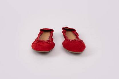 front view of Olivia in red. A flat womens shoe available in larger sizes UK 8-13