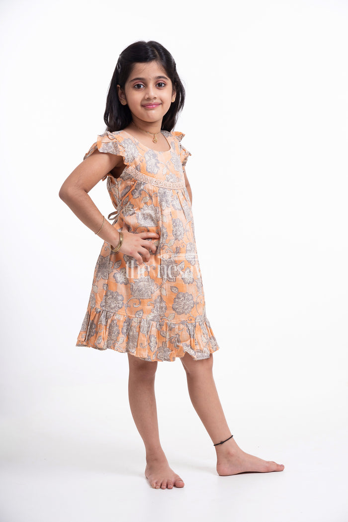 The Nesavu Girls Cotton Frock Orange Floral Printed Cotton Frock for Girls Nesavu 16 (1Y) / Peach GFC1335A-16 Orange Floral Printed Cotton Frock for Girls - Stylish & Playful | The Nesavu