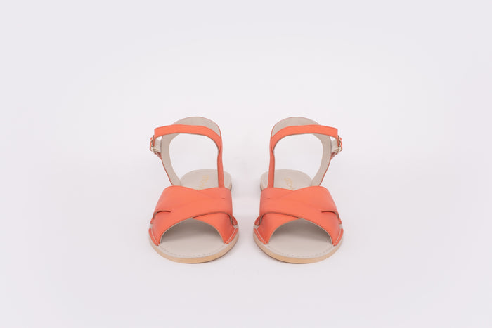 Front shot of womens orange coral leather large sizes sandal size 8 9 10 11 12 wide fit