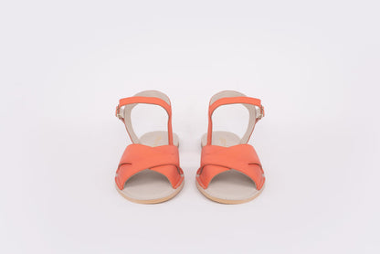 Front shot of womens orange coral leather large sizes sandal size 8 9 10 11 12 wide fit