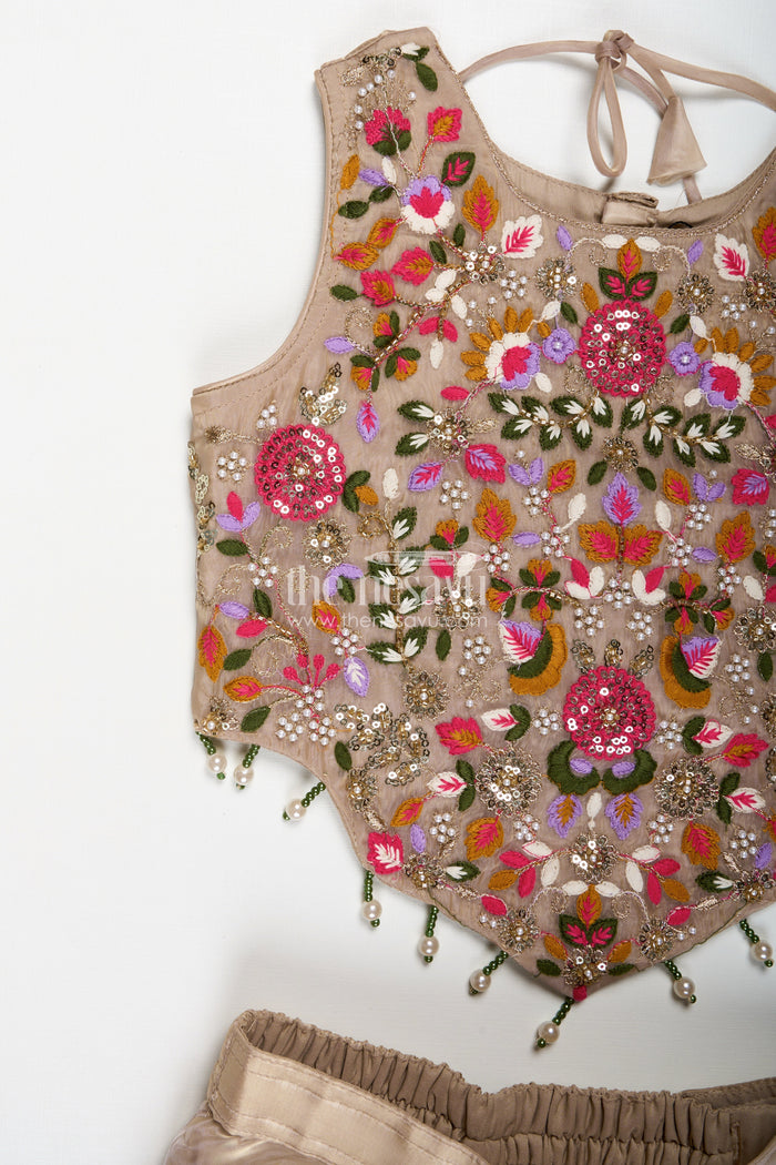 The Nesavu Girls Sharara / Plazo Set Palazzo Set for Girls with Rich Embroidered Crop Top and Sheer Dupatta in Glazed Organza Fabric Nesavu Nesavu Embroidered Palazzo Set Girls Designer Glazed Organza Statement Dupatta