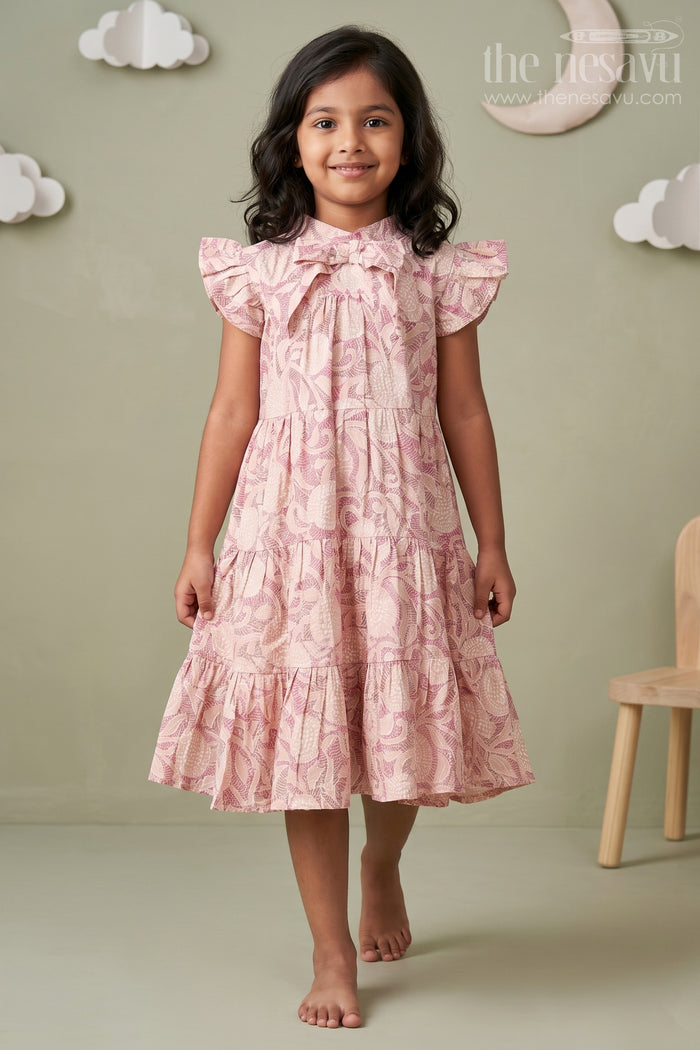 The Nesavu Girls Cotton Frock Pattern Frock for Girls in Modal Silk with Kantha Style Digital Print and Front Bow Detail Nesavu 18 (2Y) / Pink GFC1697B-18 Pattern Frock Girls Modal Silk with Kantha Style digital print Frill Sleeves | The Nesavu