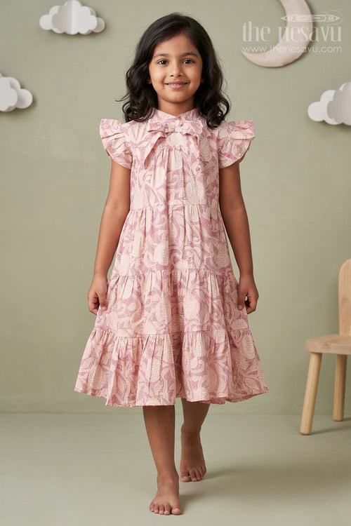 The Nesavu Girls Cotton Frock Pattern Frock for Girls in Modal Silk with Kantha Style Digital Print and Front Bow Detail Nesavu 18 (2Y) / Pink GFC1697B-18 Pattern Frock Girls Modal Silk with Kantha Style digital print Frill Sleeves | The Nesavu