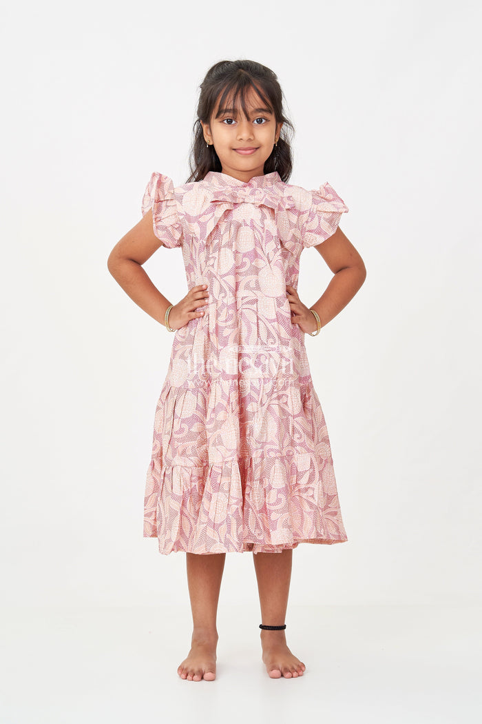 The Nesavu Girls Cotton Frock Pattern Frock for Girls in Modal Silk with Kantha Style Digital Print and Front Bow Detail Nesavu 18 (2Y) / Pink GFC1697B-18 Nesavu Pattern Frock Girls Modal Silk with Kantha Style digital print Frill Sleeves