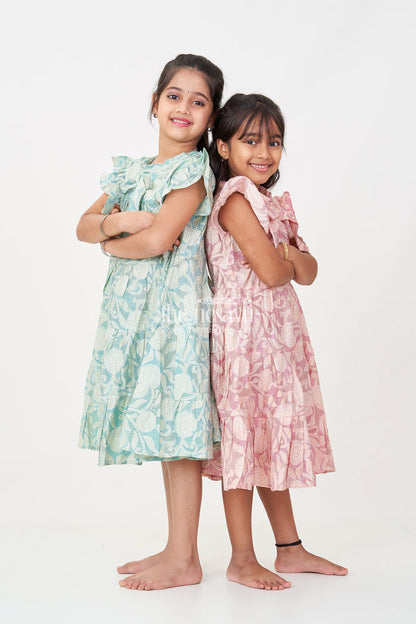The Nesavu Girls Cotton Frock Pattern Frock for Girls in Modal Silk with Kantha Style Digital Print and Front Bow Detail Nesavu Nesavu Pattern Frock Girls Modal Silk with Kantha Style digital print Frill Sleeves