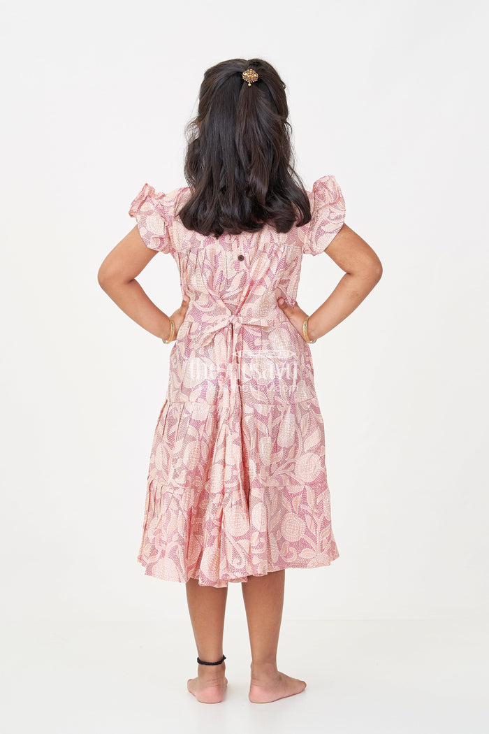 The Nesavu Girls Cotton Frock Pattern Frock for Girls in Modal Silk with Kantha Style Digital Print and Front Bow Detail Nesavu Nesavu Pattern Frock Girls Modal Silk with Kantha Style digital print Frill Sleeves