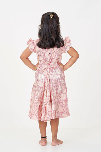 The Nesavu Girls Cotton Frock Pattern Frock for Girls in Modal Silk with Kantha Style Digital Print and Front Bow Detail Nesavu Nesavu Pattern Frock Girls Modal Silk with Kantha Style digital print Frill Sleeves