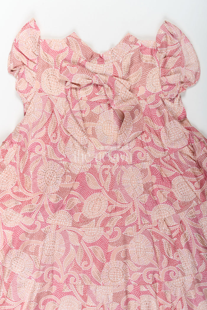 The Nesavu Girls Cotton Frock Pattern Frock for Girls in Modal Silk with Kantha Style Digital Print and Front Bow Detail Nesavu Nesavu Pattern Frock Girls Modal Silk with Kantha Style digital print Frill Sleeves