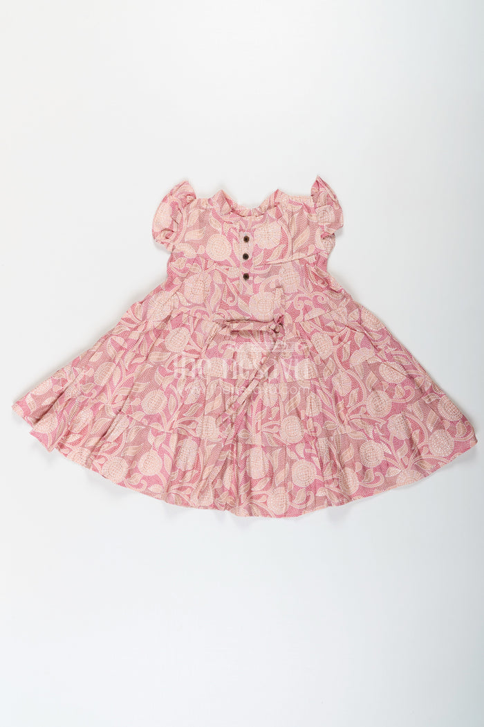 The Nesavu Girls Cotton Frock Pattern Frock for Girls in Modal Silk with Kantha Style Digital Print and Front Bow Detail Nesavu Nesavu Pattern Frock Girls Modal Silk with Kantha Style digital print Frill Sleeves