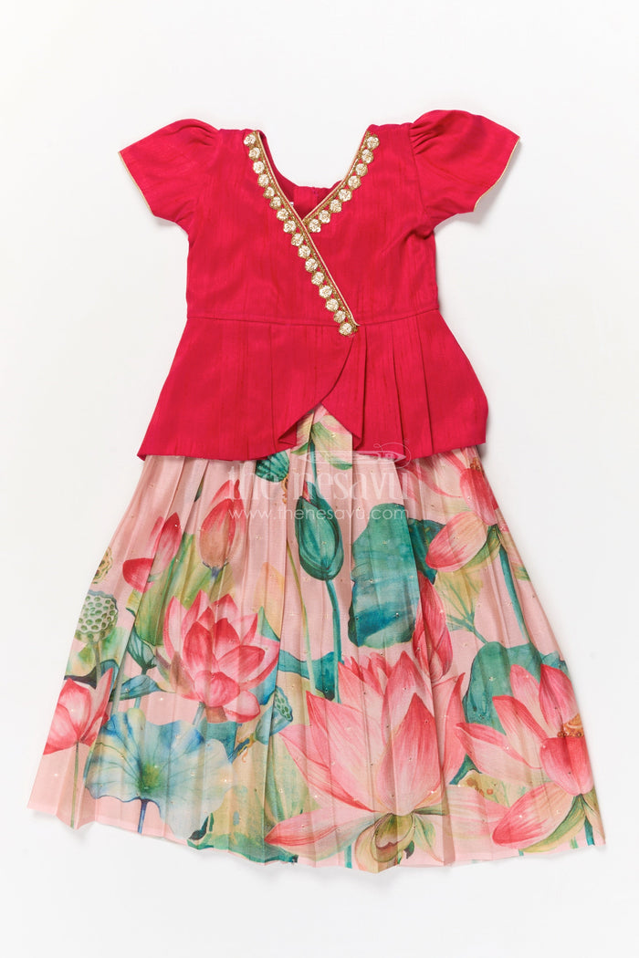 The Nesavu Pattu Pavadai Pattu Pavadai for Toddler Girl with Raw Silk Yoke for Ethnic Family Events Nesavu 18 (2Y) / Red GPP353A-18 Nesavu toddler girl pattu pavadai with raw silk yoke and Banaras art silk skirt for festive family gatherings