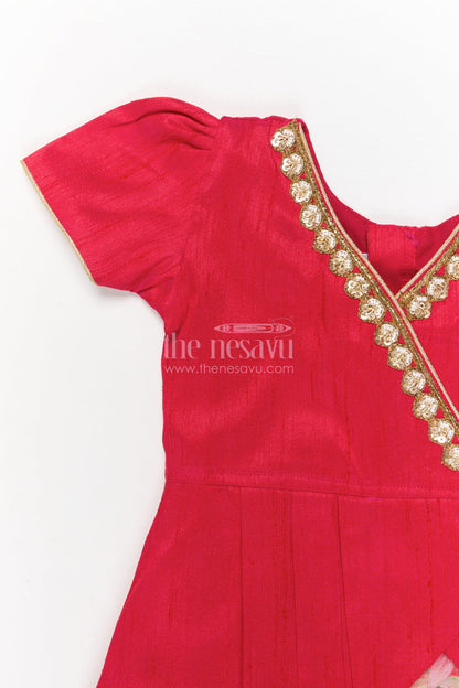 The Nesavu Pattu Pavadai Pattu Pavadai for Toddler Girl with Raw Silk Yoke for Ethnic Family Events Nesavu Nesavu toddler girl pattu pavadai with raw silk yoke and Banaras art silk skirt for festive family gatherings
