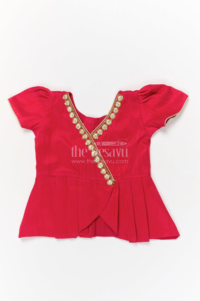 The Nesavu Pattu Pavadai Pattu Pavadai for Toddler Girl with Raw Silk Yoke for Ethnic Family Events Nesavu Nesavu toddler girl pattu pavadai with raw silk yoke and Banaras art silk skirt for festive family gatherings