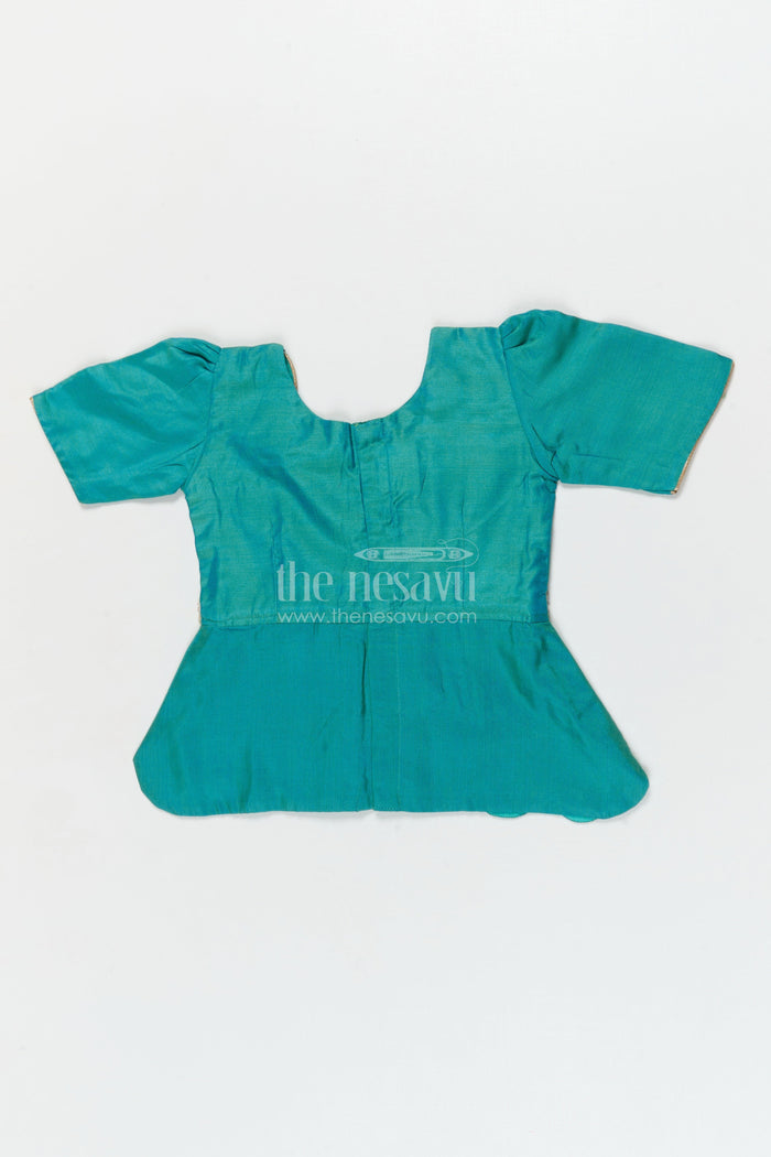 The Nesavu Pattu Pavadai Pattu Pavadai Set for Baby Girls’ Temple Visits and Festive Wear Nesavu 18 (2Y) / Turquoise / Banarasi GPP362B-18 Nesavu pattu pavadai set for baby girls with lotus skirt and scallop peplum blouse