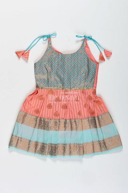 The Nesavu Tie-up Frock Peach and Teal Frock for Baby Girls Ethnic Dress for Birthdays Nesavu 14 (6M) / Pink / Style 1 SF993CA-14 Nesavu Ethnic Baby Girl Frock In Semi Silk Peach And Teal Dress For Birthdays And Photoshoots