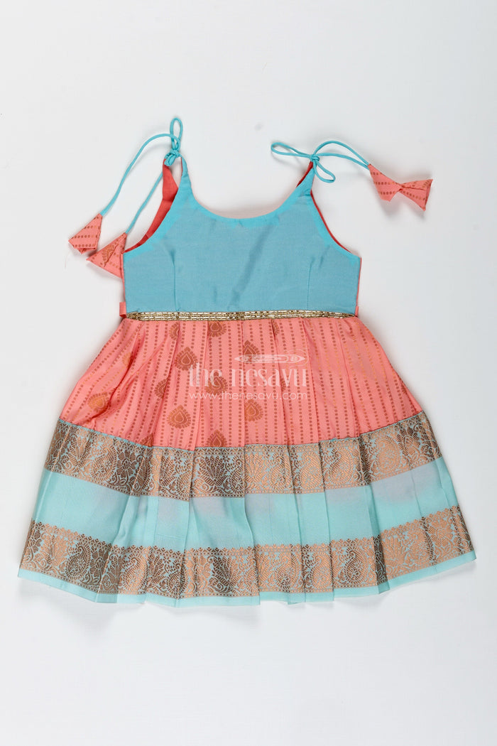 The Nesavu Tie-up Frock Peach and Teal Frock for Baby Girls Ethnic Dress for Birthdays Nesavu 14 (6M) / Pink / Style 2 SF993CB-14 Nesavu Ethnic Baby Girl Frock In Semi Silk Peach And Teal Dress For Birthdays And Photoshoots