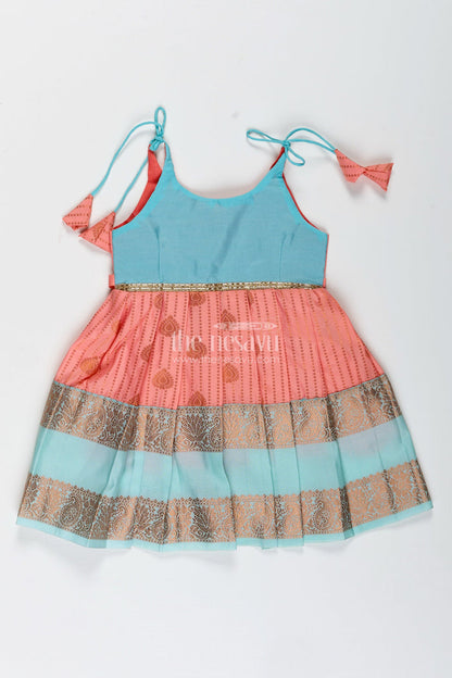 The Nesavu Tie-up Frock Peach and Teal Frock for Baby Girls Ethnic Dress for Birthdays Nesavu 14 (6M) / Pink / Style 2 SF993CB-14 Nesavu Ethnic Baby Girl Frock In Semi Silk Peach And Teal Dress For Birthdays And Photoshoots