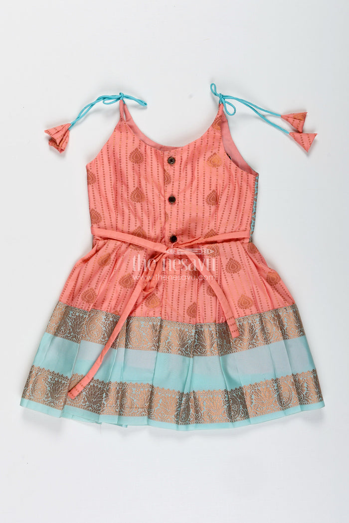 The Nesavu Tie-up Frock Peach and Teal Frock for Baby Girls Ethnic Dress for Birthdays Nesavu Nesavu Ethnic Baby Girl Frock In Semi Silk Peach And Teal Dress For Birthdays And Photoshoots