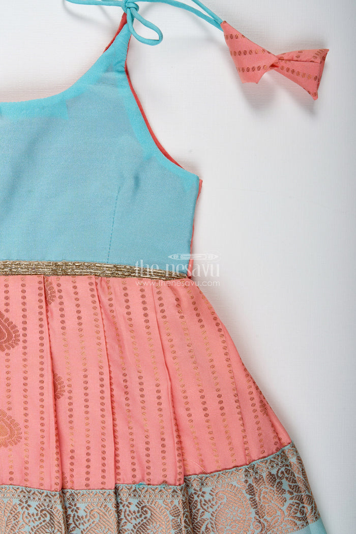 The Nesavu Tie-up Frock Peach and Teal Frock for Baby Girls Ethnic Dress for Birthdays Nesavu Nesavu Ethnic Baby Girl Frock In Semi Silk Peach And Teal Dress For Birthdays And Photoshoots